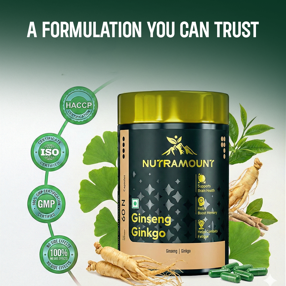 Nutramount Ginseng Ginkgo supplement bottle with certification seals for HACCP, ISO, GMP, and "100% No Side Effects," surrounded by fresh ginkgo leaves and ginseng roots.