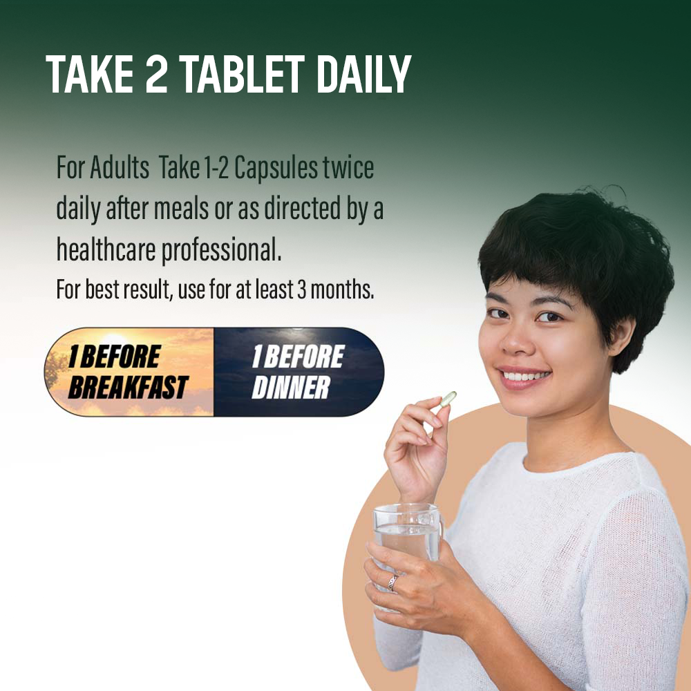 Instructional graphic showing a woman with a capsule and water, with text advising to take two tablets daily: one before breakfast and one before dinner.