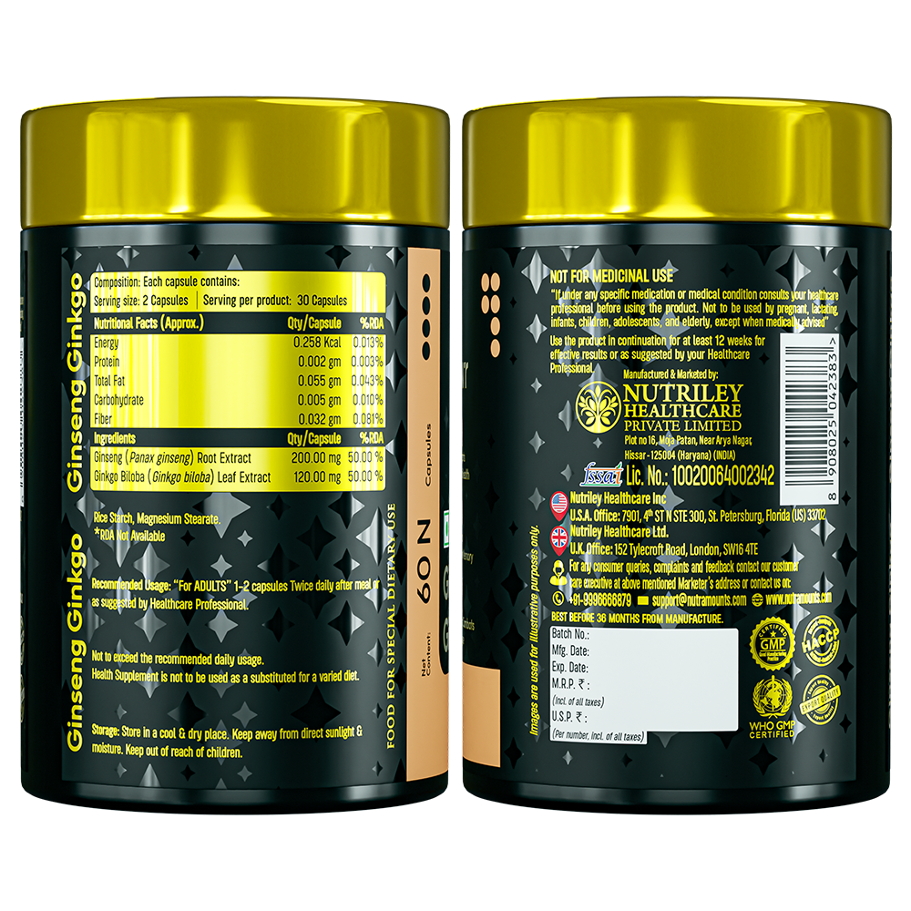 Rear label of Nutramount Ginseng Ginkgo bottles showing nutritional facts, ingredients like Panax ginseng and Ginkgo biloba, and manufacturing information.