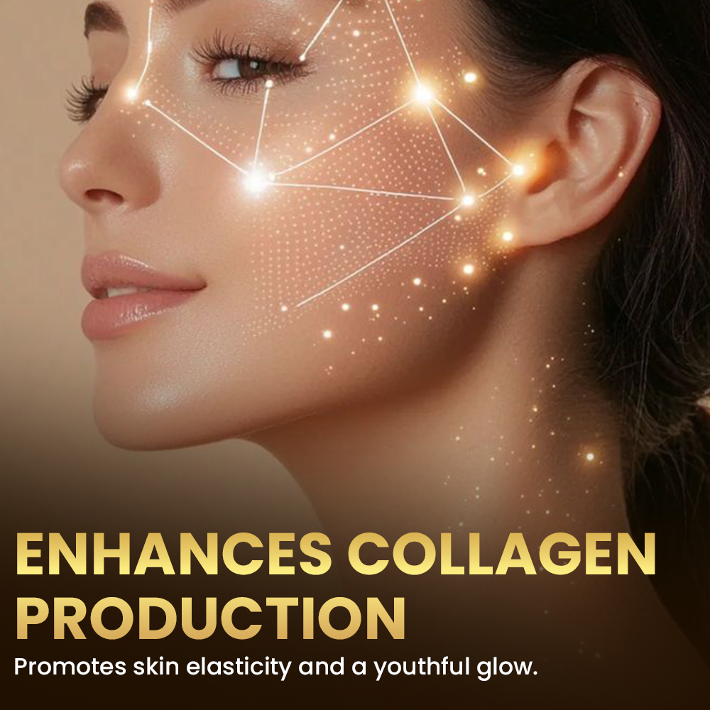 Infographic for a skin health supplement featuring a close-up of a woman's face with a glowing geometric overlay, with text highlighting its role in enhancing collagen production, skin elasticity, and a youthful glow.
