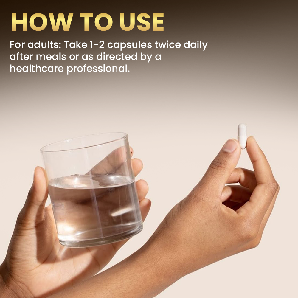 
Instructional infographic showing a person's hands holding a glass of water and a white capsule, with text detailing the recommended dosage of 1-2 capsules twice daily after meals.