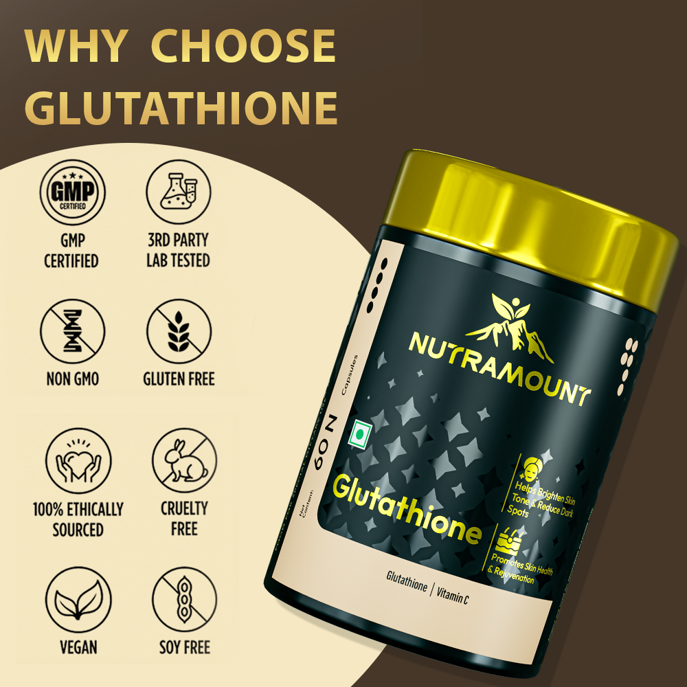 Infographic for Nutramount Glutathione supplement featuring the product bottle alongside icons highlighting quality standards such as GMP Certified, Non-GMO, Gluten Free, Vegan, and Cruelty Free.