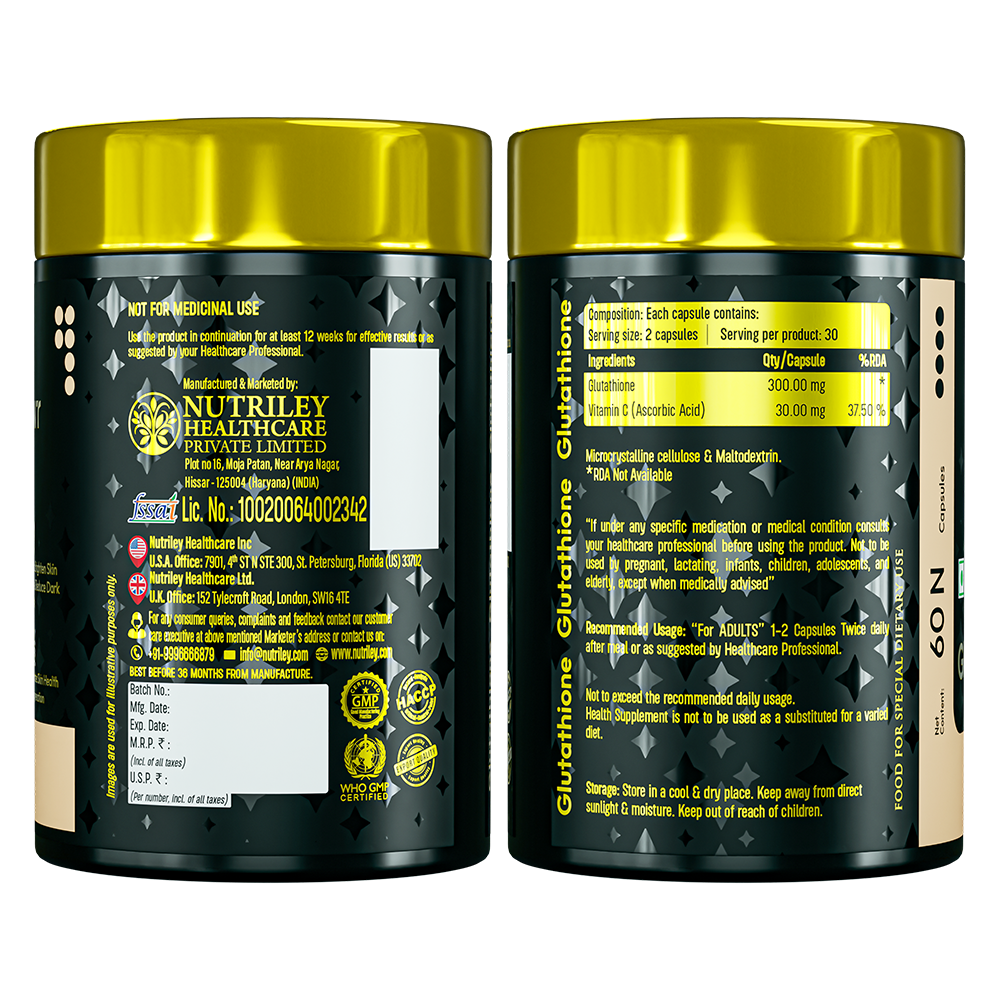 Two side-view angles of a Nutramount Glutathione supplement bottle displaying the nutritional facts, ingredient list including Glutathione and Vitamin C, and manufacturer certification details.