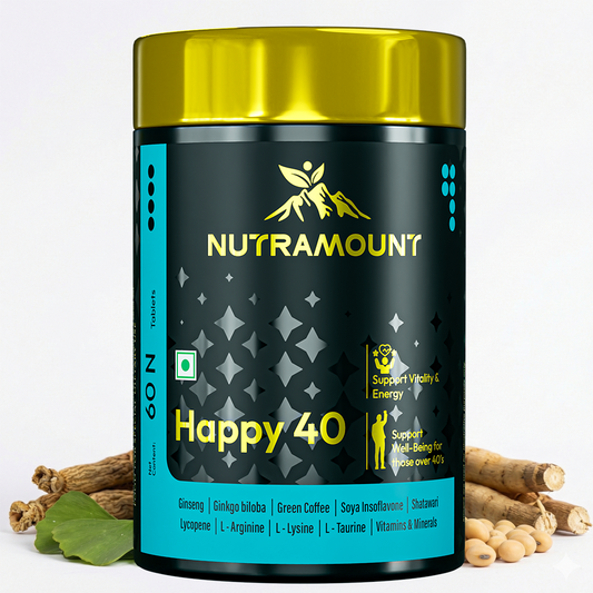 Nutramount Glutathione supplement bottle displayed with natural ingredients like lemon and white flowers to emphasize its skin-brightening and rejuvenating benefits.