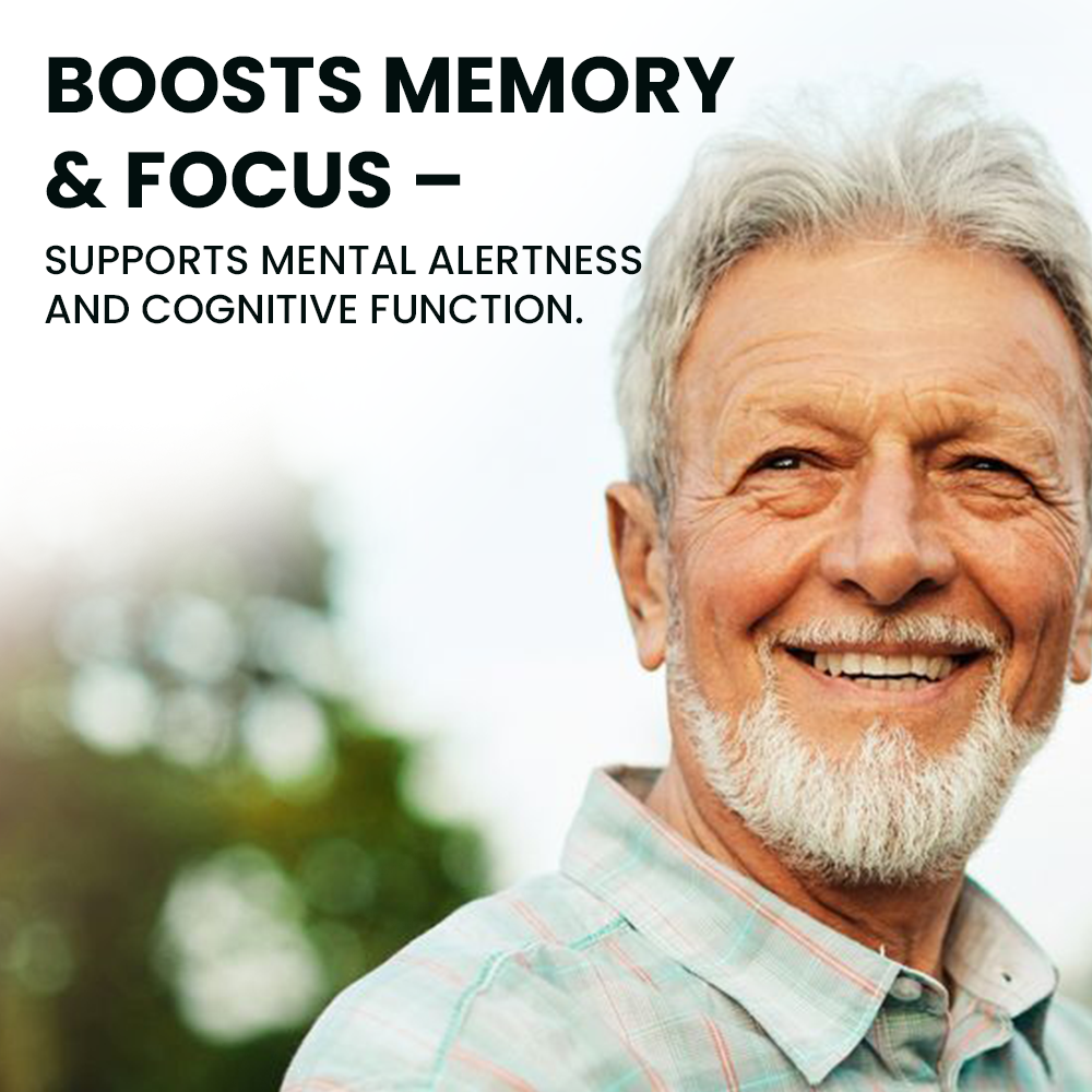 Infographic for a wellness supplement featuring a smiling senior man, with text highlighting the product's benefits for boosting memory, focus, mental alertness, and cognitive function.