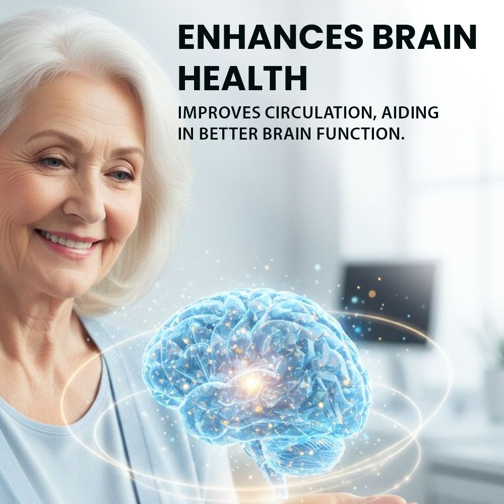 Infographic for a wellness supplement featuring a smiling senior woman looking at a glowing holographic brain, with text highlighting benefits for brain health and improved circulation.