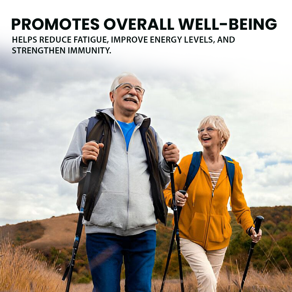Infographic for a wellness supplement featuring a senior couple happily hiking with trekking poles, with text highlighting benefits for overall well-being, reduced fatigue, and strengthened immunity.