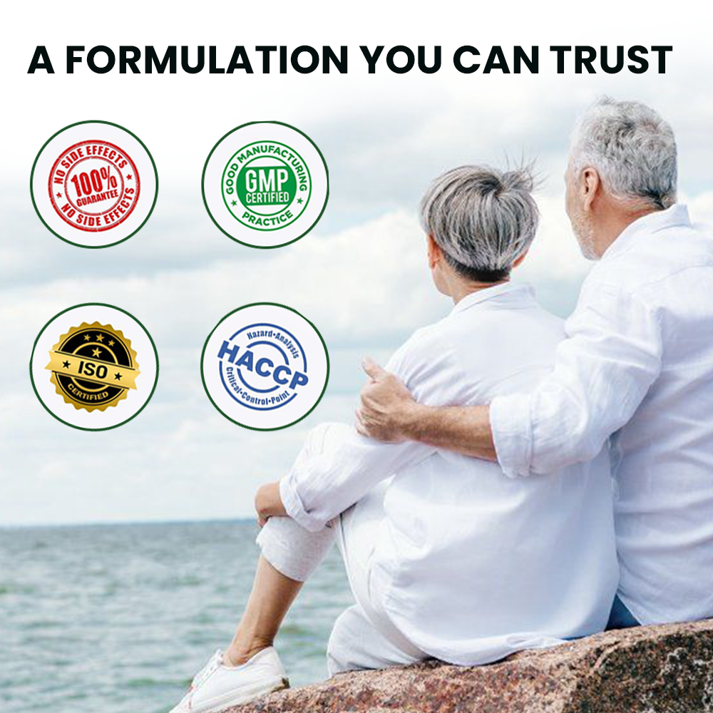 Infographic for Nutramount Happy 40 supplement featuring icons for vitality, cognitive health, and energy, with text highlighting its role in supporting a balanced and active lifestyle for those over 40.