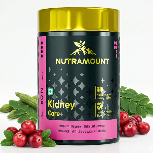 Nutramount Kidney Care supplement bottle displayed with key natural ingredients like Cranberry, Moringa, and Nettle Leaf, designed to help improve kidney health and support a healthy blood profile.