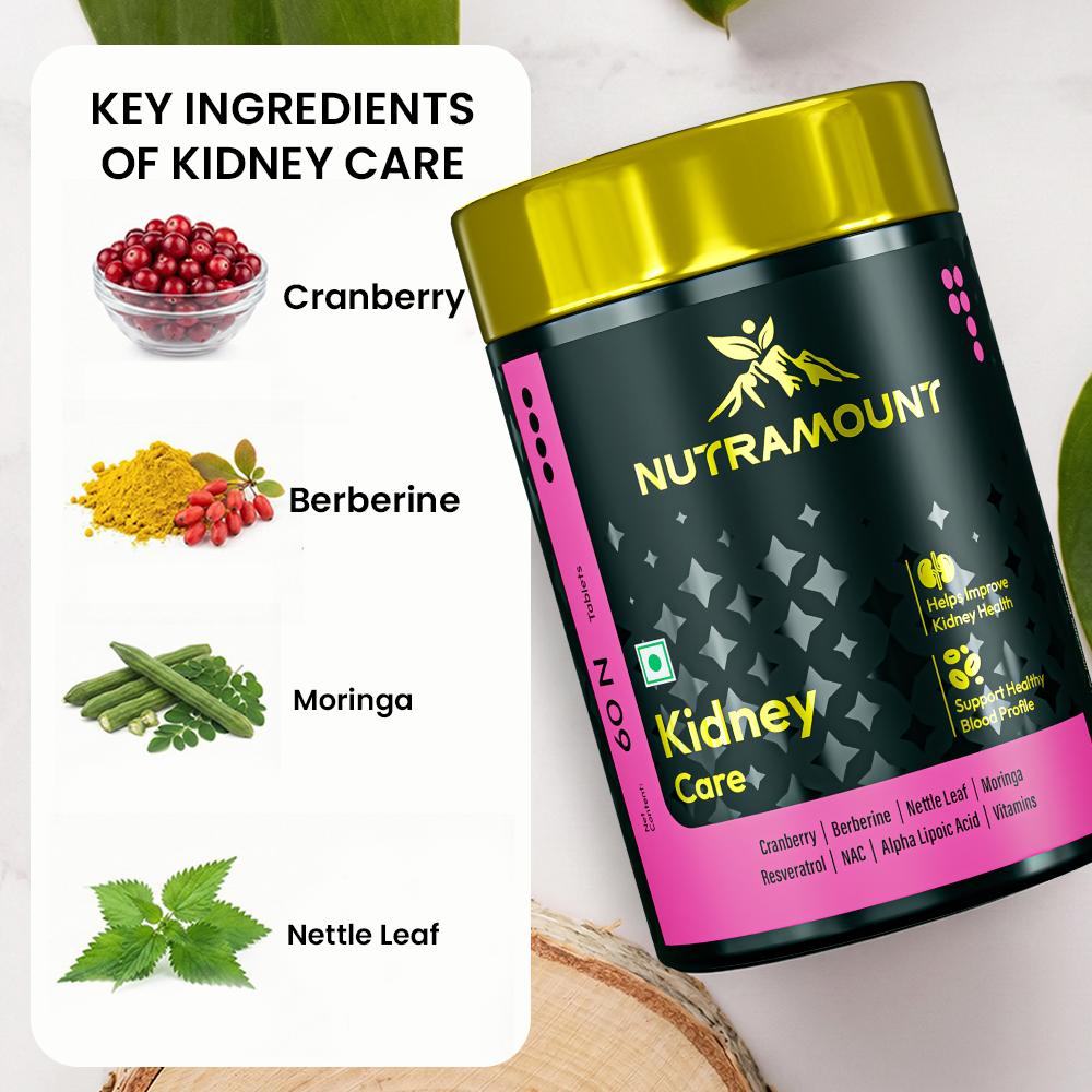 Infographic for Nutramount Kidney Care supplement featuring a product bottle on a pink background with icons highlighting benefits such as natural detoxification, urinary tract health, and antioxidant support.