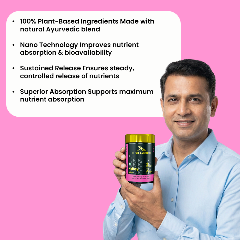 Infographic for Nutramount Kidney Care featuring a man holding the product bottle, with text highlighting features like its 100% plant-based Ayurvedic blend, nano technology for absorption, and sustained release formula.