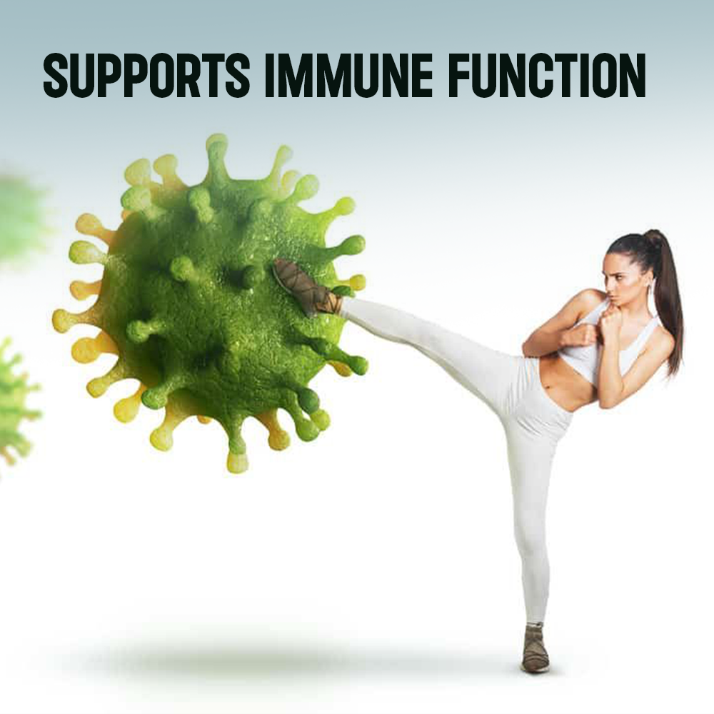A woman in white athletic wear performing a high kick against a large green virus cell, with a text overlay that reads "SUPPORTS IMMUNE FUNCTION."