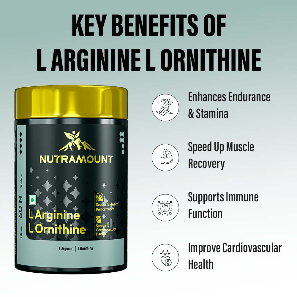 A bottle of Nutramount L Arginine L Ornithine alongside icons detailing "Key Benefits," including enhanced endurance, faster muscle recovery, immune support, and improved cardiovascular health.