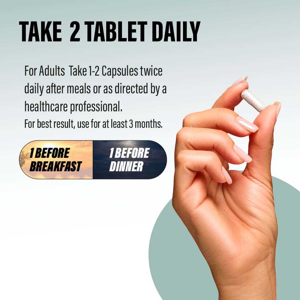 A hand holds a single white capsule next to text instructing adults to take 1–2 capsules twice daily, preferably one before breakfast and one before dinner, for at least 3 months.