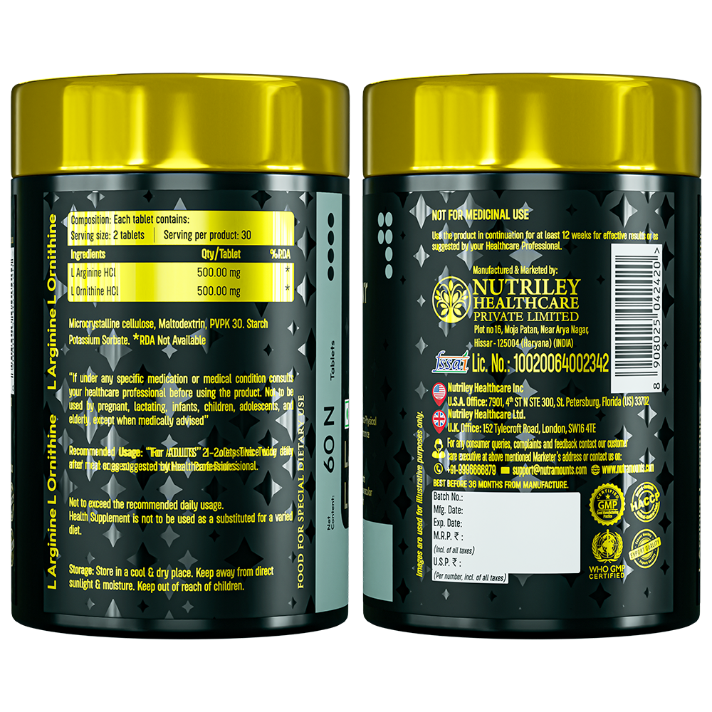 Two side-by-side views of a Nutramount L Arginine L Ornithine bottle label. The left side lists nutritional facts and ingredient amounts per tablet, while the right side displays manufacturing details, company contact information, and quality certification seals.
