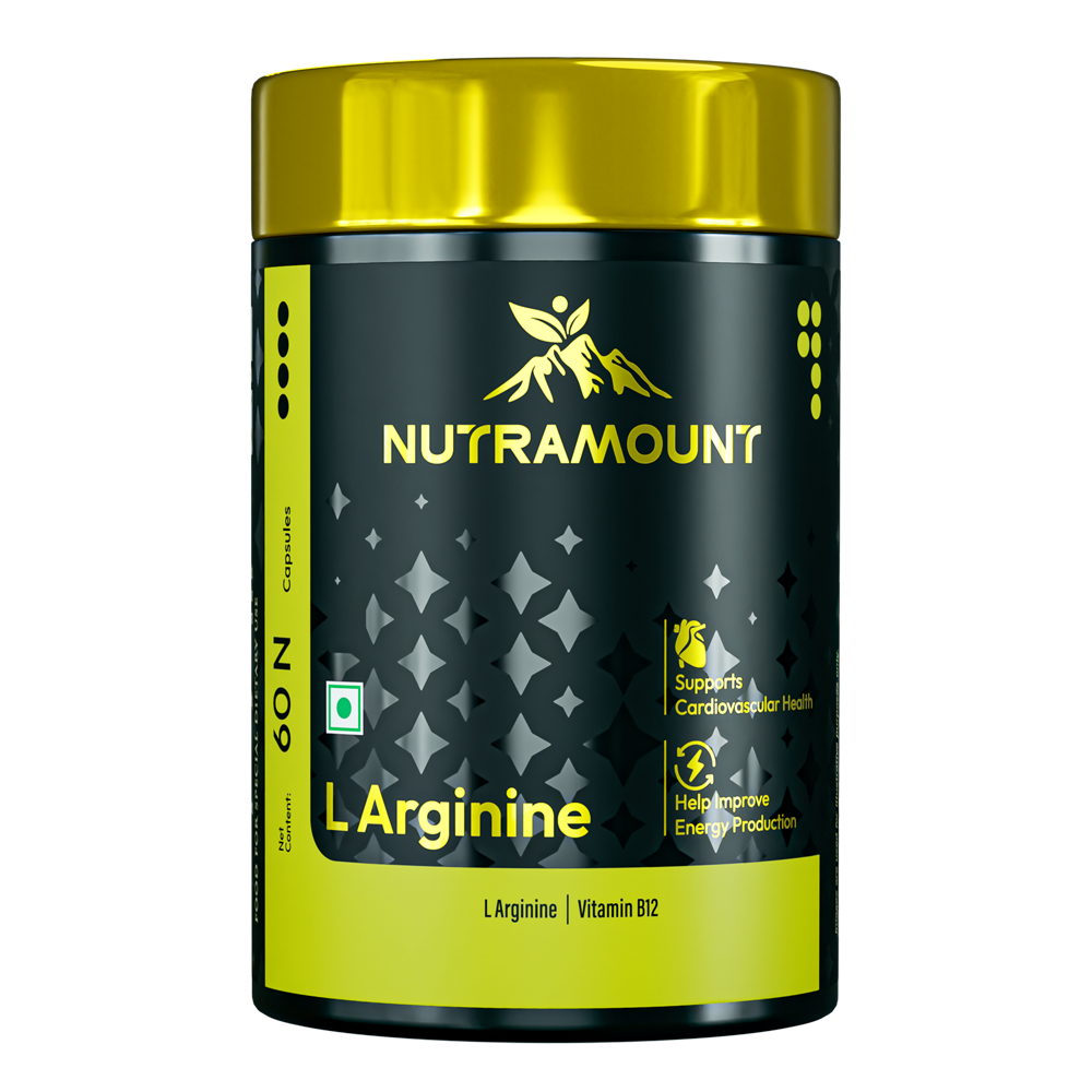 Nutramount L-Arginine & Vitamin B12 supplement bottle with a gold lid, featuring icons for cardiovascular health and energy production.