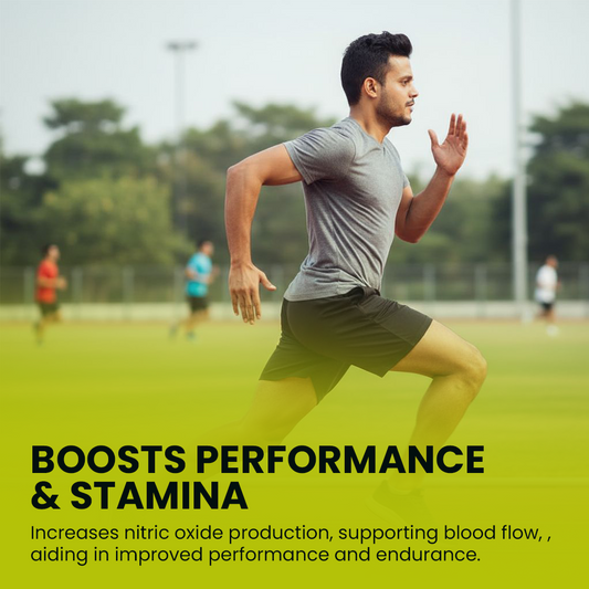 
A man running on an outdoor track with text overlaying the bottom that reads "BOOSTS PERFORMANCE & STAMINA" and mentions increased nitric oxide production and blood flow.