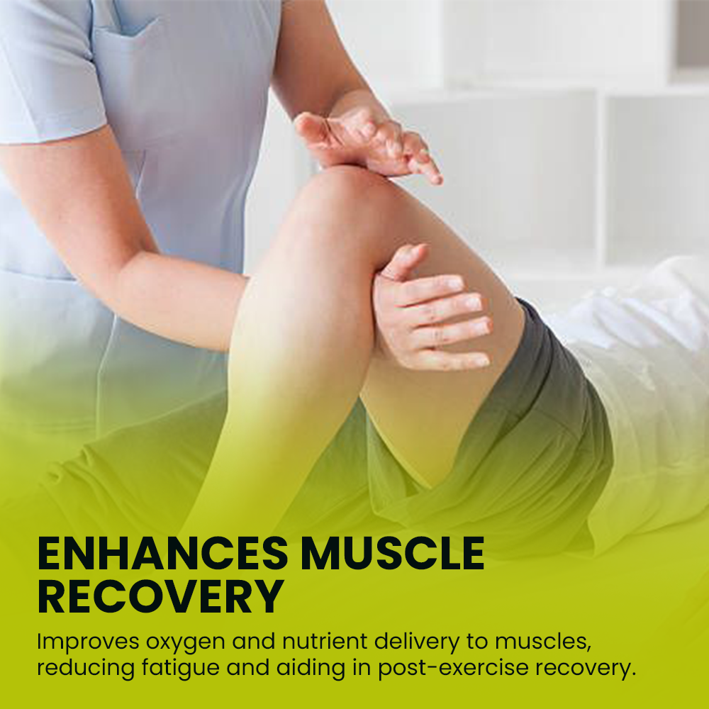A physical therapist's hands treating a patient's leg, with text overlaying the bottom that reads "ENHANCES MUSCLE RECOVERY" and describes improved oxygen and nutrient delivery.