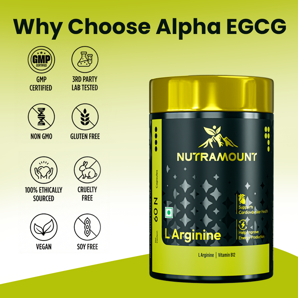 "Why Choose Alpha EGCG" infographic featuring a Nutramount L-Arginine supplement bottle and icons for GMP, Vegan, Non-GMO, and Cruelty-Free certifications.