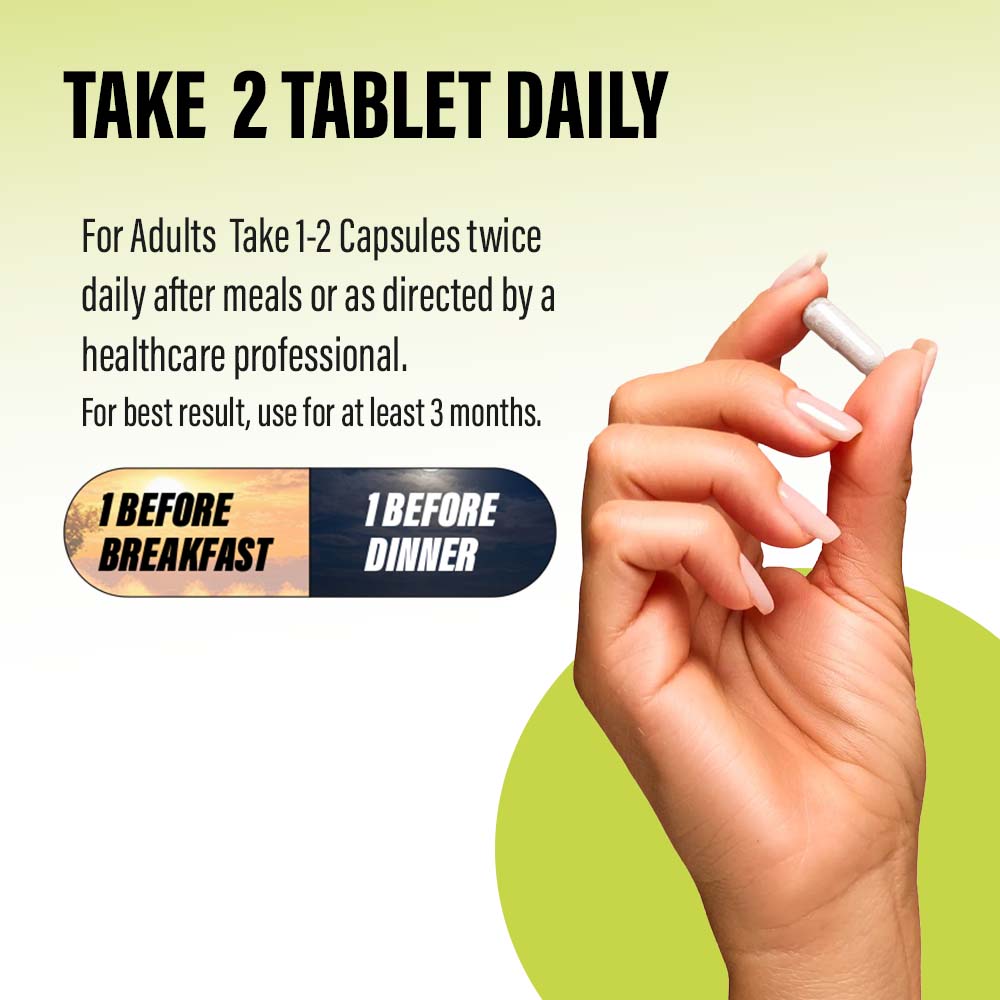 Instructional graphic showing a hand holding a capsule, with text advising to take one tablet before breakfast and one before dinner for best results.