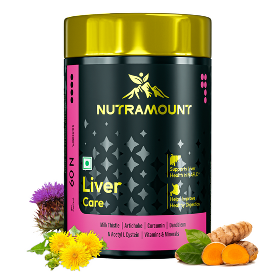 Nutramount Liver Care supplement bottle displayed with key natural ingredients like Milk Thistle, Curcumin, and Dandelion, designed to support liver health and healthy digestion.