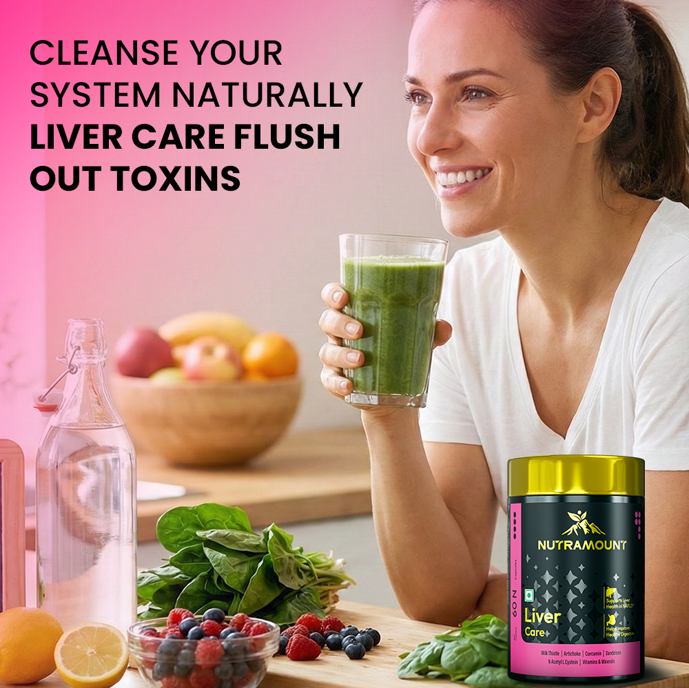 Lifestyle image of a smiling woman holding a green smoothie next to a Nutramount Liver Care bottle, with text promoting a natural system cleanse to flush out toxins.