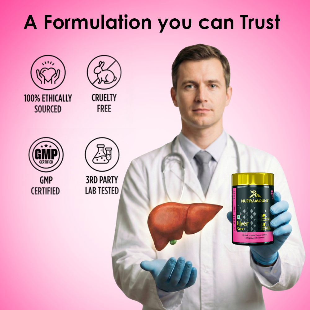 Infographic for Nutramount Liver Care supplement featuring a product bottle floating above an open palm, accompanied by four certification seals including HACCP, ISO, and GMP.