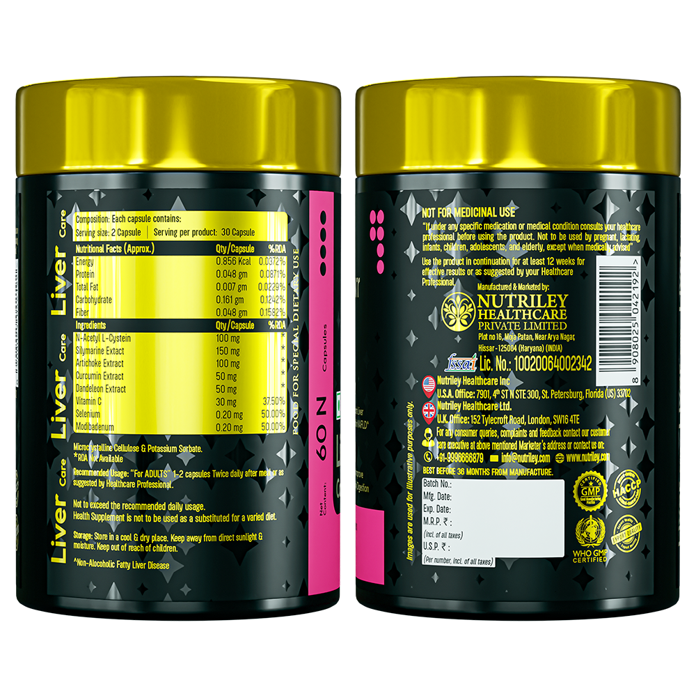 Two side-view angles of a Nutramount Liver Care supplement bottle displaying the nutritional facts, ingredient list including N-Acetyl L-Cysteine and Silymarine Extract, and manufacturing details.