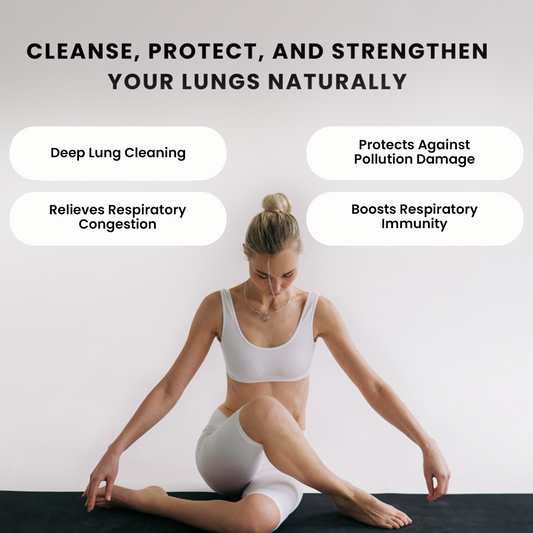 Infographic for a lung support supplement featuring a woman in a yoga pose, with text highlighting benefits like deep lung cleaning, protection against pollution, and boosted respiratory immunity.