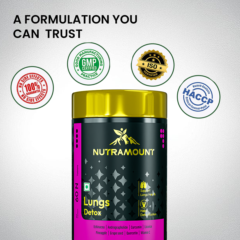 Infographic for Nutramount Lungs Detox supplement featuring a product bottle alongside eight quality assurance icons, including GMP Certified, Non-GMO, Vegan, and Cruelty-Free.