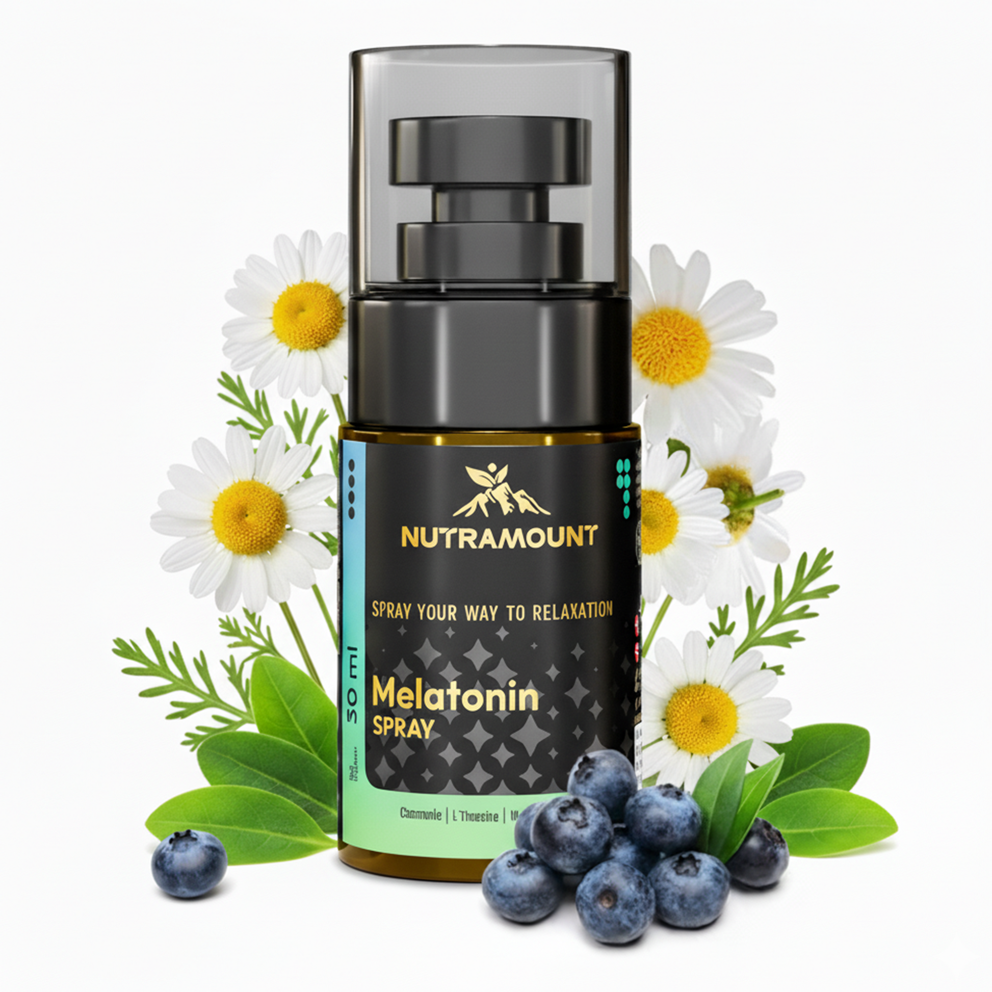 A product bottle of Nutramount Melatonin Spray (30 ml). The bottle is displayed in the center, flanked by white chamomile flowers and a pile of fresh blueberries at the base. The label features the tagline "Spray your way to relaxation".