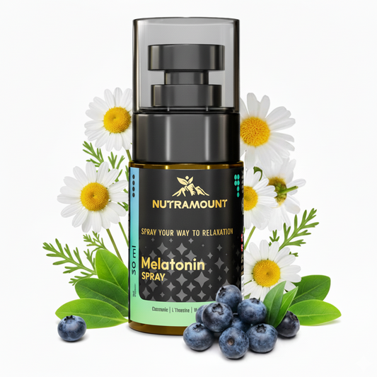 A product bottle of Nutramount Melatonin Spray (30 ml). The bottle is displayed in the center, flanked by white chamomile flowers and a pile of fresh blueberries at the base. The label features the tagline "Spray your way to relaxation".