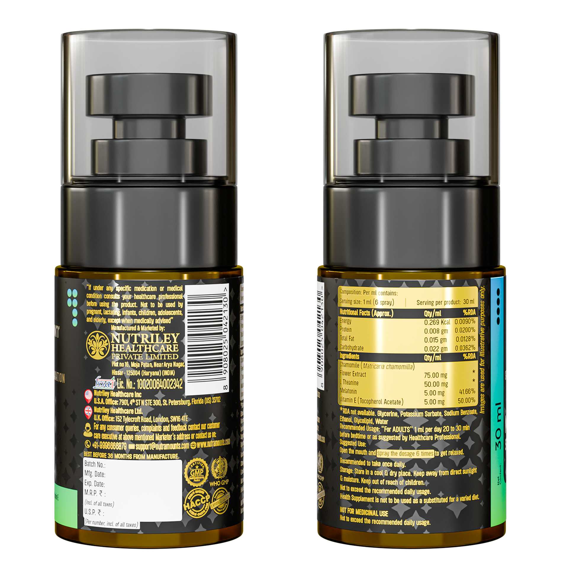 Rear label of the Nutramount Melatonin Spray detailing ingredients such as Melatonin and Chamomile, dosage instructions (6 sprays), and quality certifications.