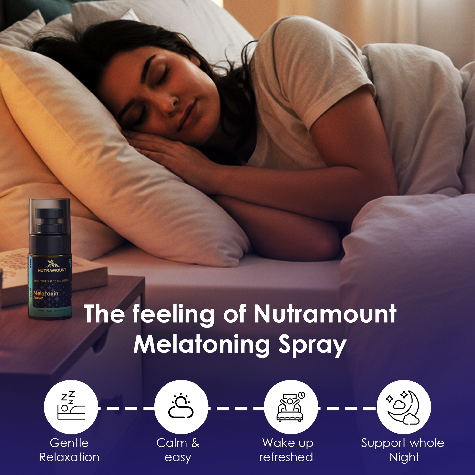 Lifestyle infographic showing a woman sleeping soundly next to a bottle of Nutramount Melatonin Spray. Icons at the bottom highlight benefits: gentle relaxation, calm and easy, wake up refreshed, and support for the whole night.