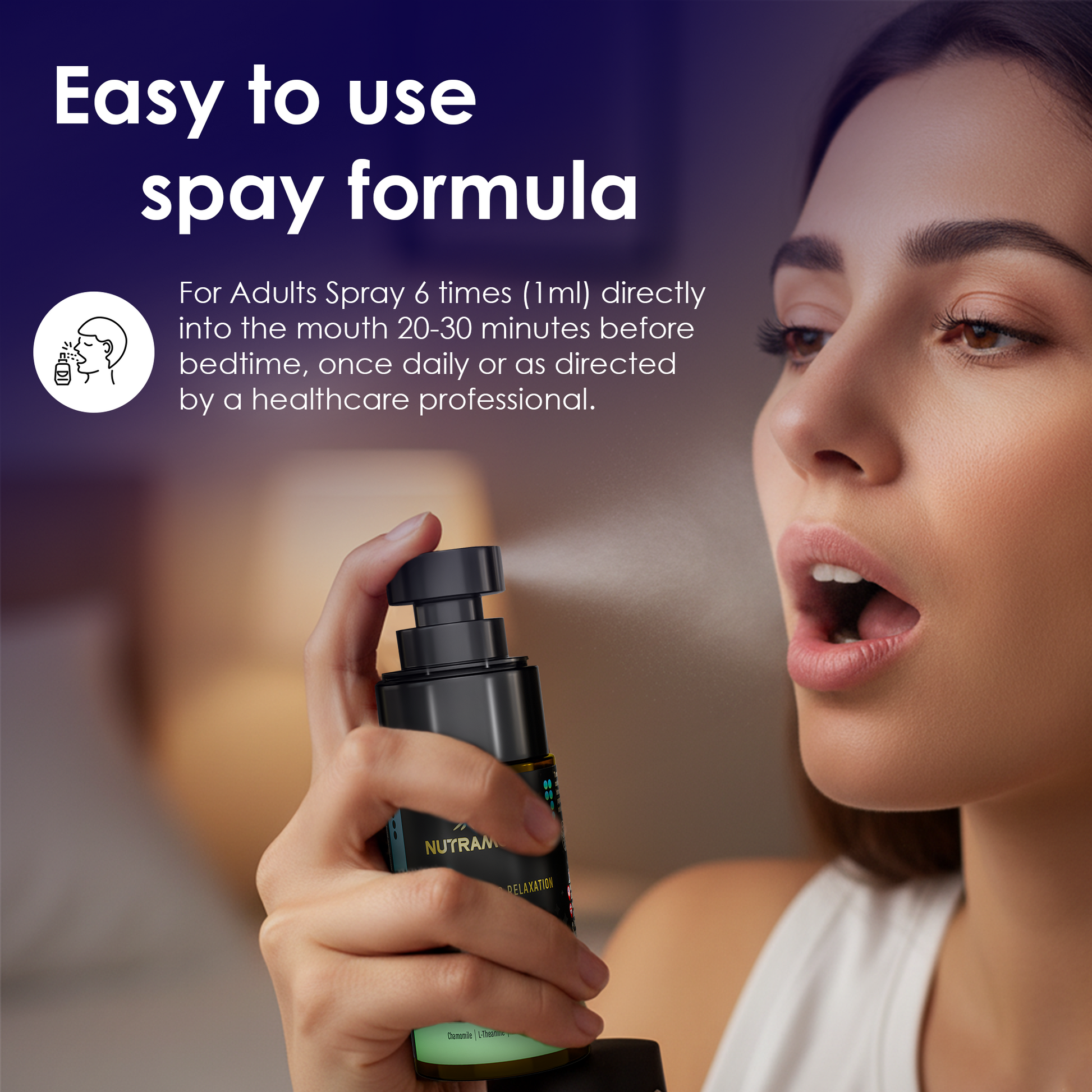 "Easy to use spay formula" showing a woman using the Nutramount Melatonin Spray. The text provides usage instructions: Spray 6 times (1 ml) directly into the mouth 20-30 minutes before bedtime, once daily.
