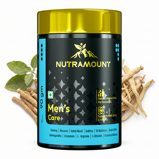 Nutramount Men's Care supplement bottle shown against a background of dried herbal roots including ginseng and ashwagandha.