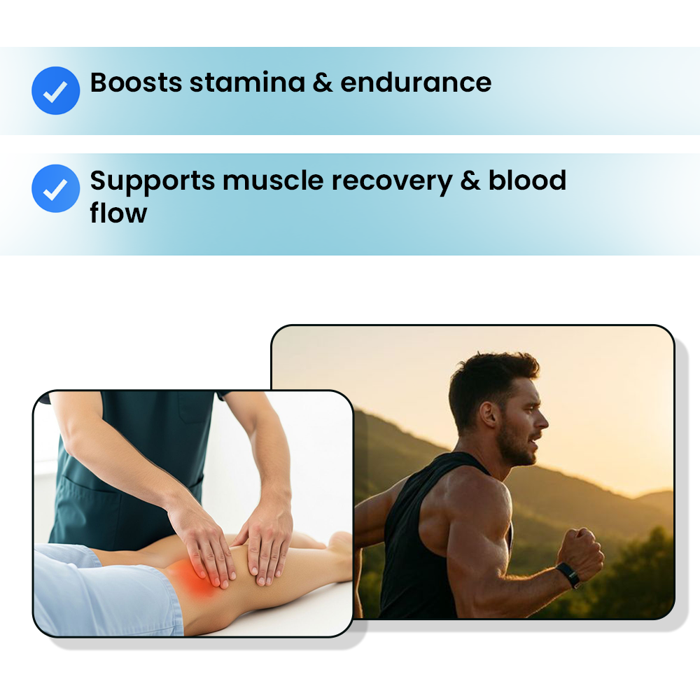 Infographic highlighting stamina, endurance, and muscle recovery benefits, featuring images of a physical therapist treating a leg and a man running outdoors.