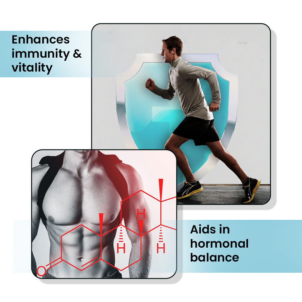 Infographic showing a man running with a shield icon overlay and a muscular male torso with a chemical structure overlay, highlighting immunity, vitality, and hormonal balance.