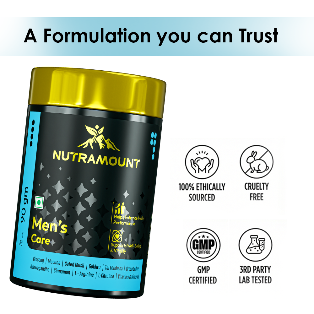 Nutramount Men's Care supplement bottle shown with certification icons for ethical sourcing, cruelty-free, GMP certified, and 3rd party lab testing.