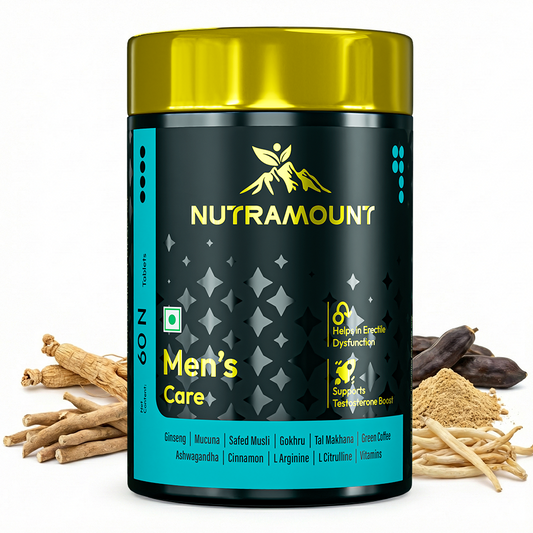 Nutramount Men’s Care supplement bottle shown with key herbal ingredients like ginseng and ashwagandha on a clean white background.