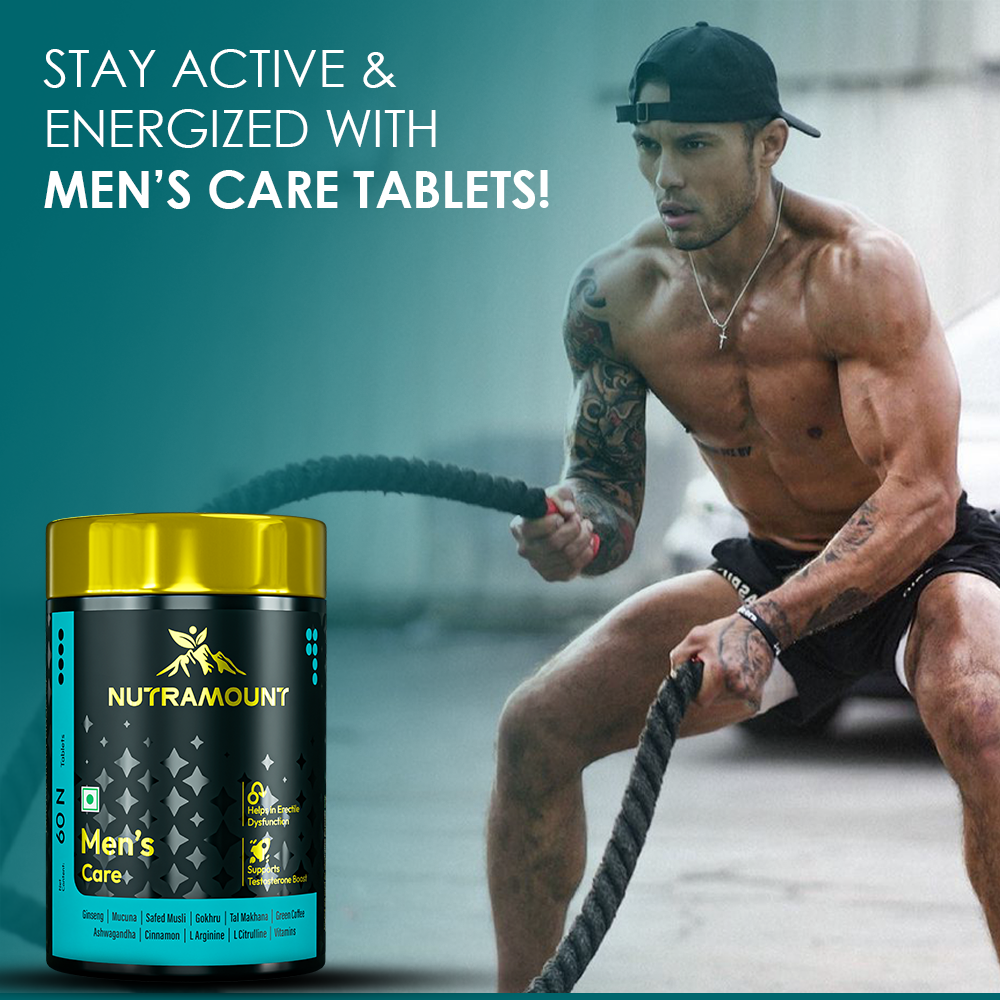 Nutramount Men's Care supplement bottle shown next to a muscular man performing battle rope exercises with the text "STAY ACTIVE & ENERGIZED WITH MEN'S CARE TABLETS!"