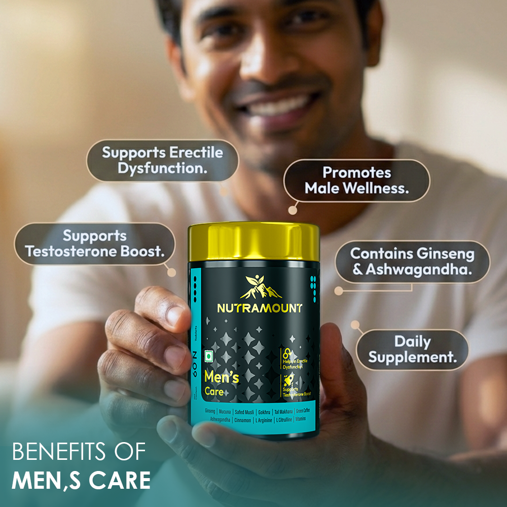 
Infographic for Nutramount Men's Care supplement showing a man holding the product bottle with text bubbles highlighting benefits like testosterone boost and male wellness.