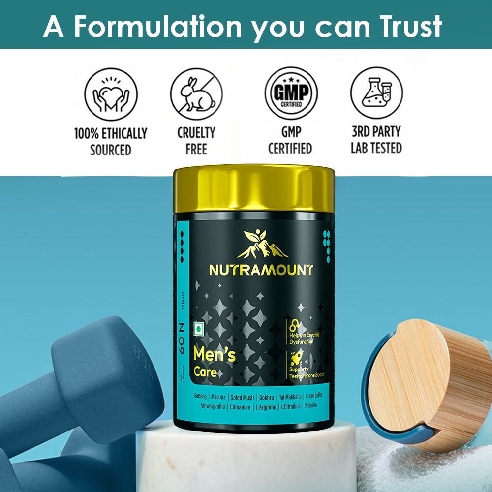 Nutramount Men's Care supplement bottle displayed with a dumbbell and certification icons for ethical sourcing, cruelty-free, GMP certified, and 3rd party lab testing.