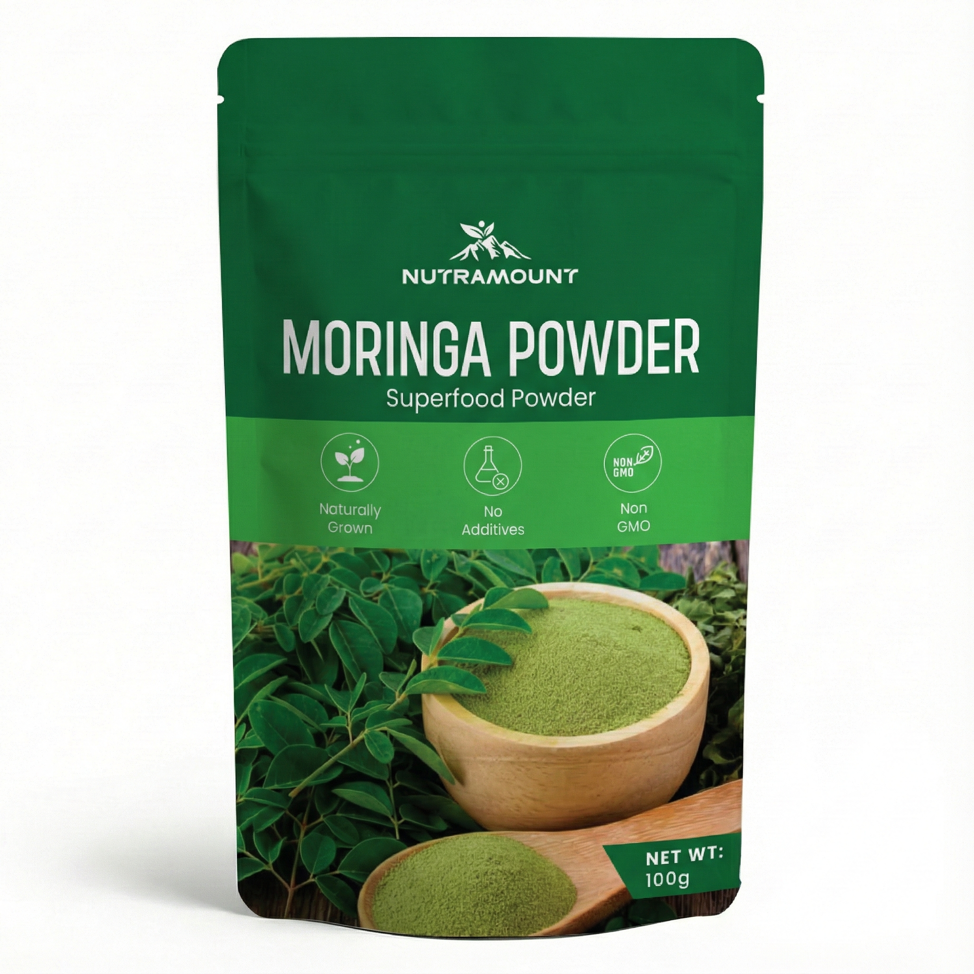 Nutramount Moringa Powder 100g pouch in green packaging with superfood certifications.