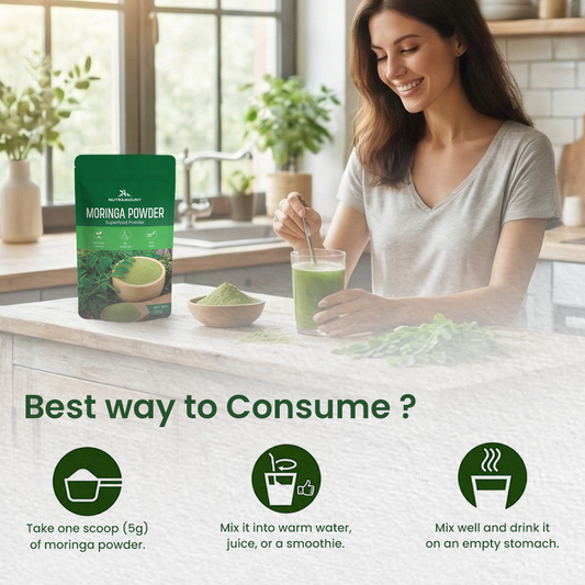 Infographic showing a woman preparing a Moringa smoothie alongside dosage and mixing instructions for Nutramount Moringa Powder.