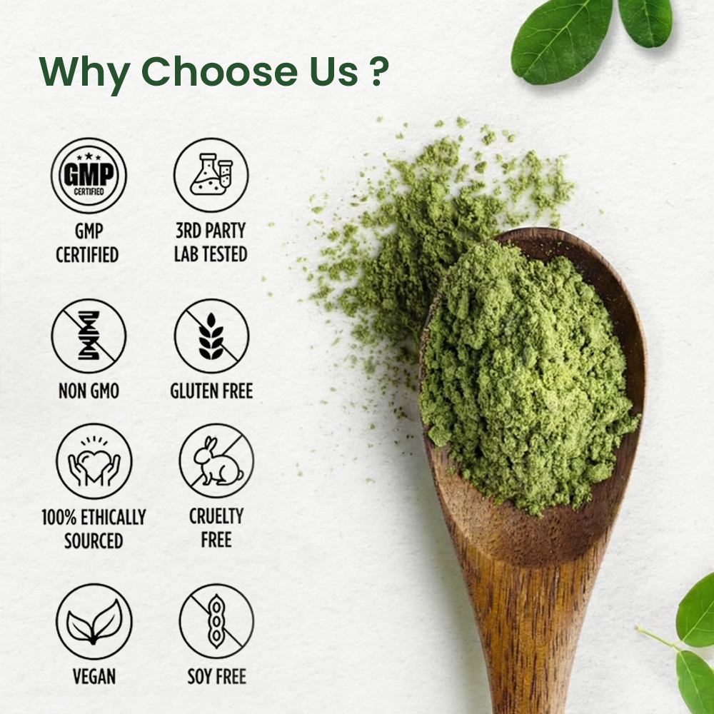 "Why Choose Us?" infographic displaying a wooden spoon of green powder alongside eight certification icons including GMP Certified, Non-GMO, Vegan, and Gluten Free.