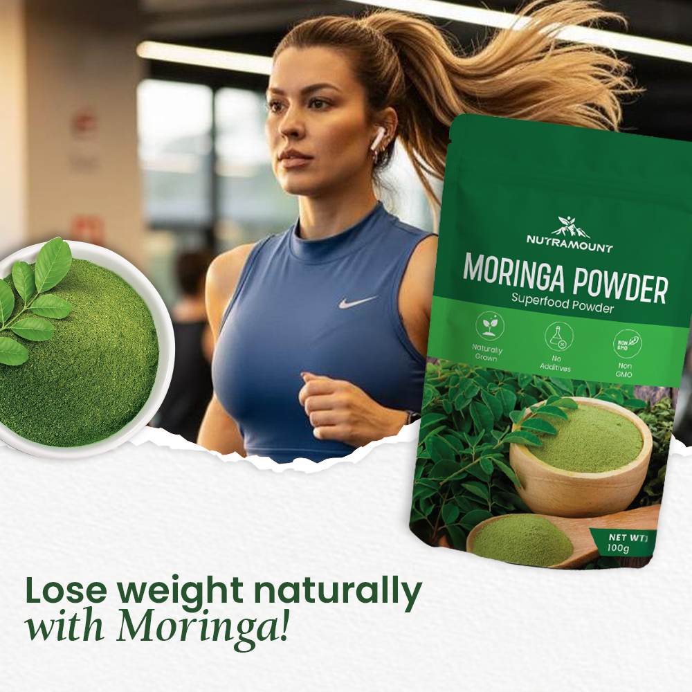 An advertisement for Nutramount Moringa Powder featuring a woman running in a gym, a bowl of green powder, and the text "Lose weight naturally with Moringa!"