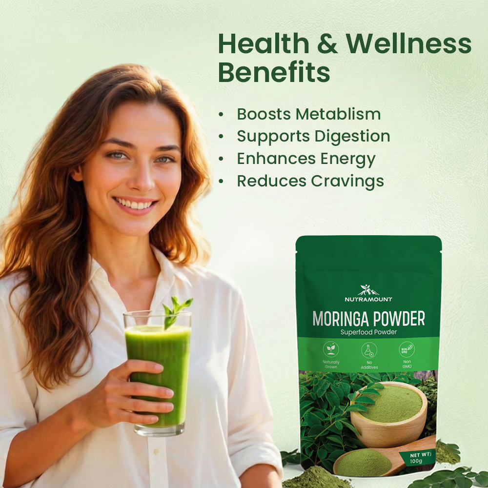 Infographic showing a woman with a green smoothie alongside a list of health benefits for Nutramount Moringa Powder.