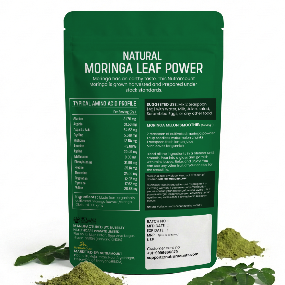 The back of a Nutramount Natural Moringa Leaf Powder green pouch, showing the typical amino acid profile per serving, suggested use, and a smoothie recipe.