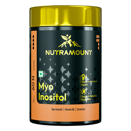 Nutramount Myo Inositol supplement bottle with a gold lid, featuring Vitamin B6 and Chromium. Icons highlight support for hormonal health and metabolic regulation.